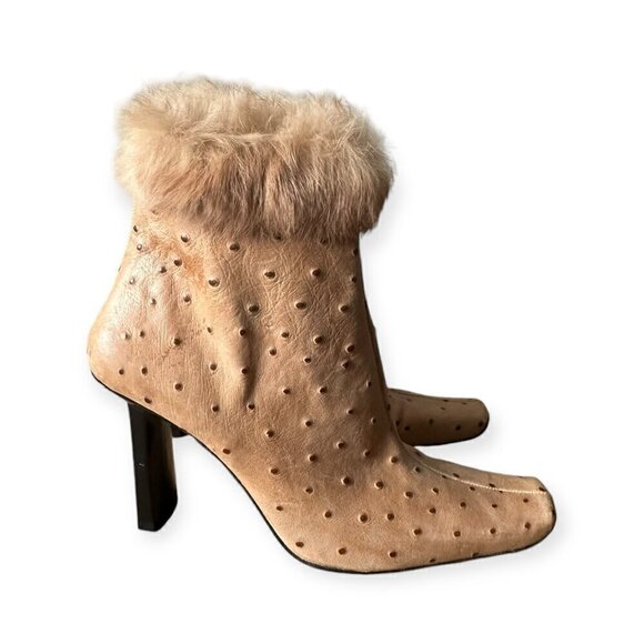 Ankle Boots in Ostrich Printed Beige Leather, with Rabbit Fur Trim, Size 37EU, Y - Picture 5 of 14